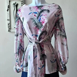 Entro Pink Floral Tie Waist Ballon Sheer Sleeve Blouse Long Sleeve Top Size M